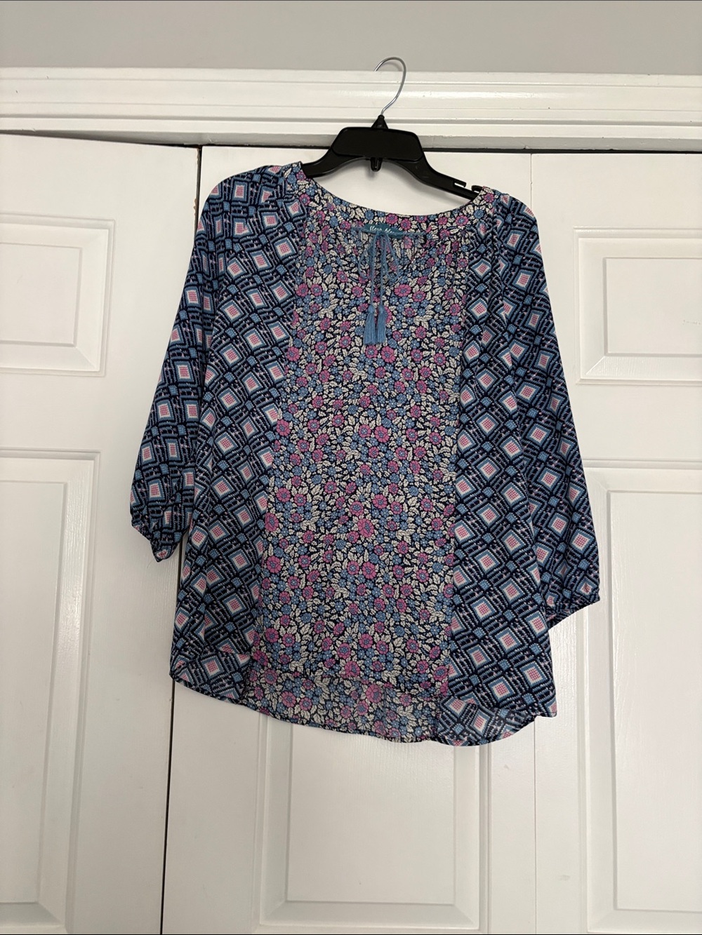 Women’s Navy Blue Mixed-Print Peasant Blouse with Tassel Tie small